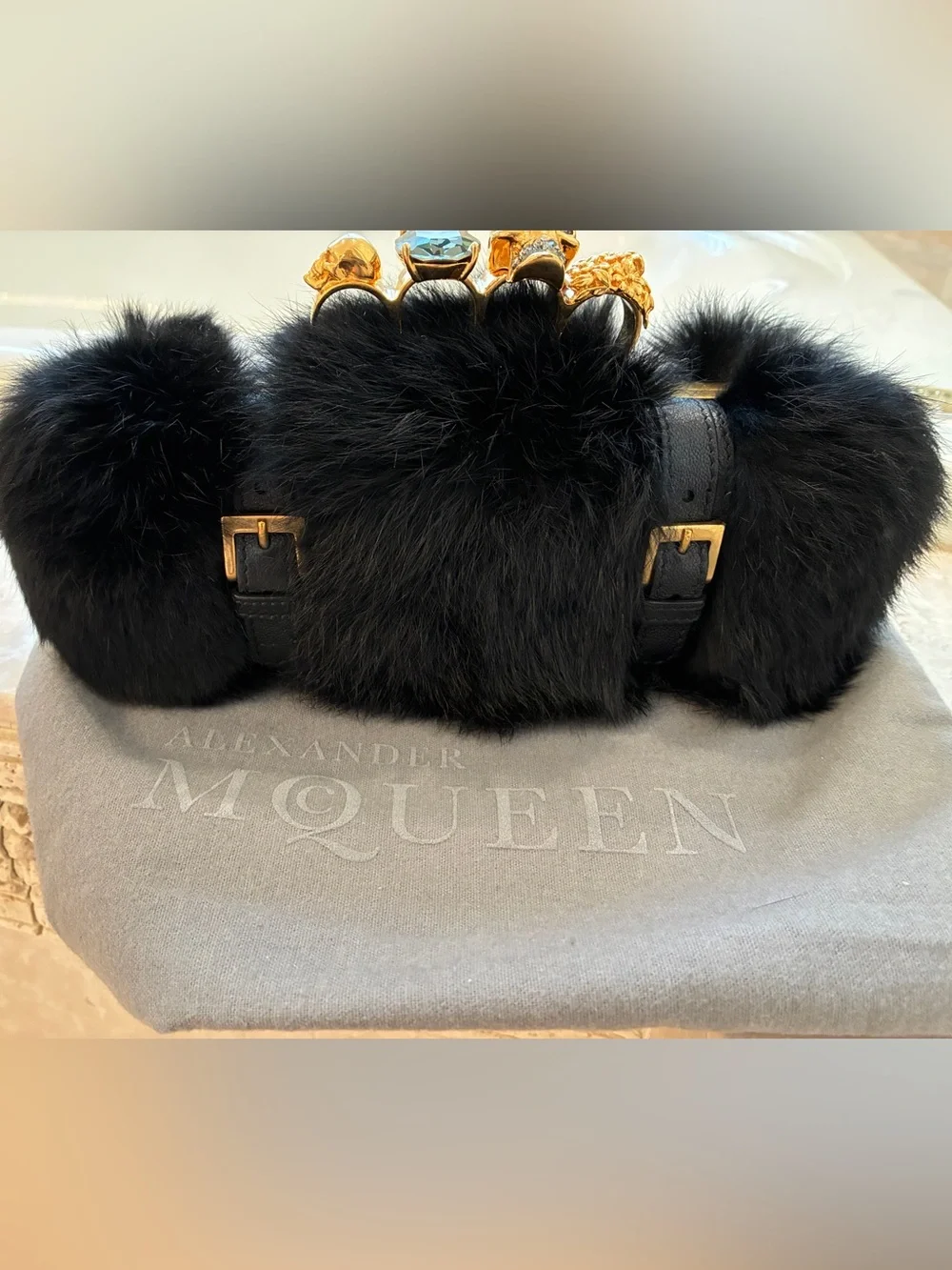 Alexander McQueen Black Fur Knuckle-Embellished Clutch with Gold Hardware